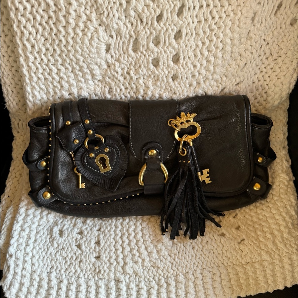 Juicy Couture black leather clutch bag, purse with lock and key